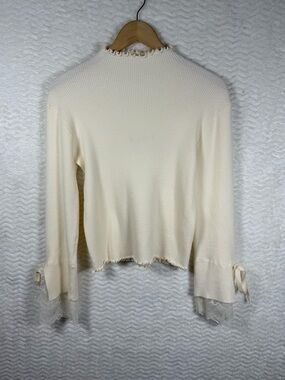Altar'd State Cream Ribbed Lace-Trim Long Sleeve Top